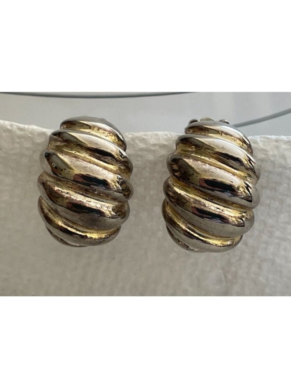 RARE Vintage Erwin Pearl Signed Chunky Gold Tone Ribbed Hoop Earrings Rich Patin